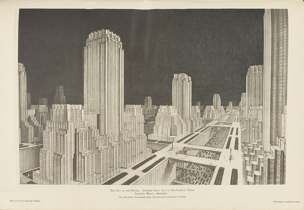 《未来之城:新美国风格的百故事城市》，弗朗西斯科·穆希卡，《摩天大楼的历史》，1929年(盖蒂研究所)。