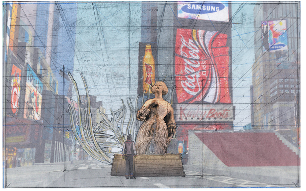 梅尔下巴正在带来虚拟现实来时代广场。如图所示：唤醒，学习，2017.石墨，数字渲染。（MEL CHIN）