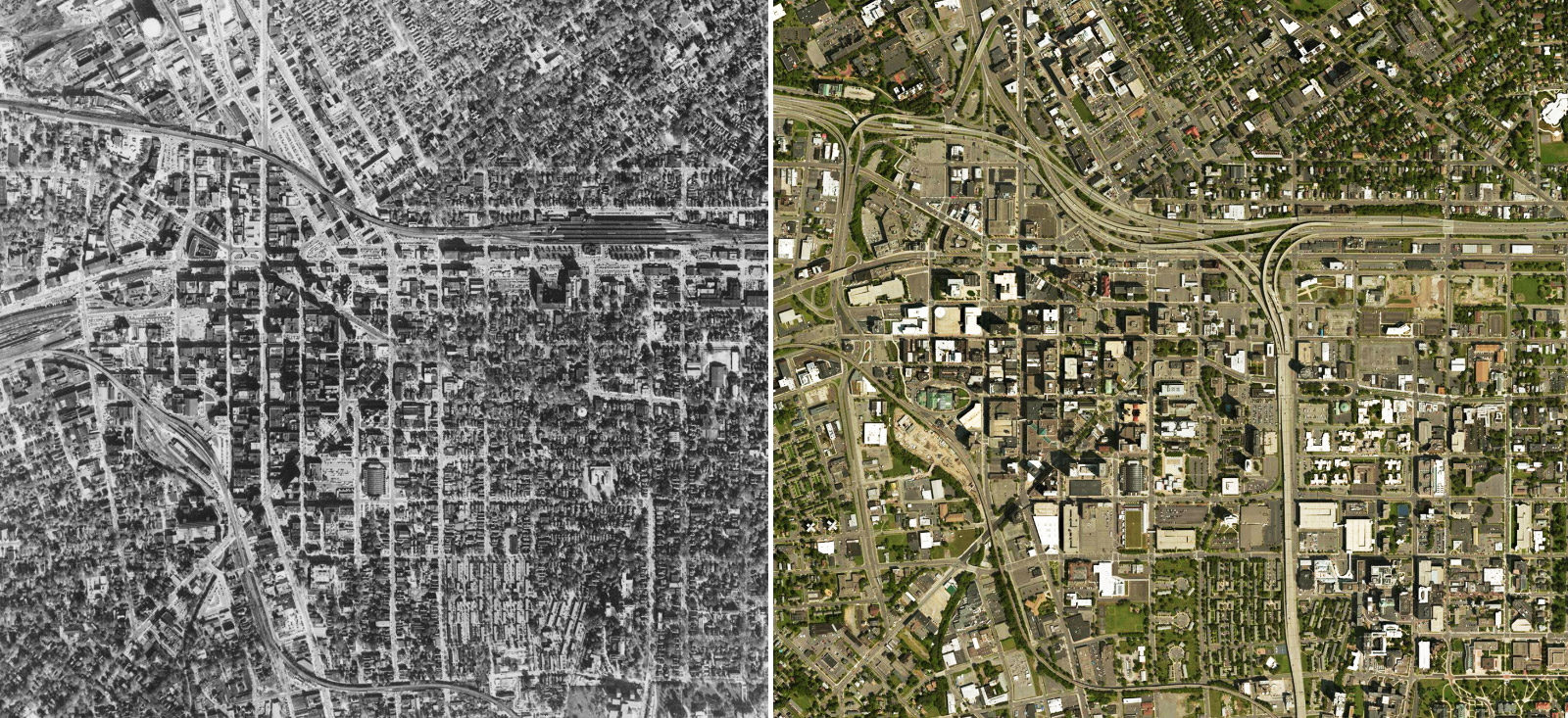I-81高架桥通过Syracuse的城市核心切割。左：公路建设前1955年的城市密度。右：今天城市的密度。