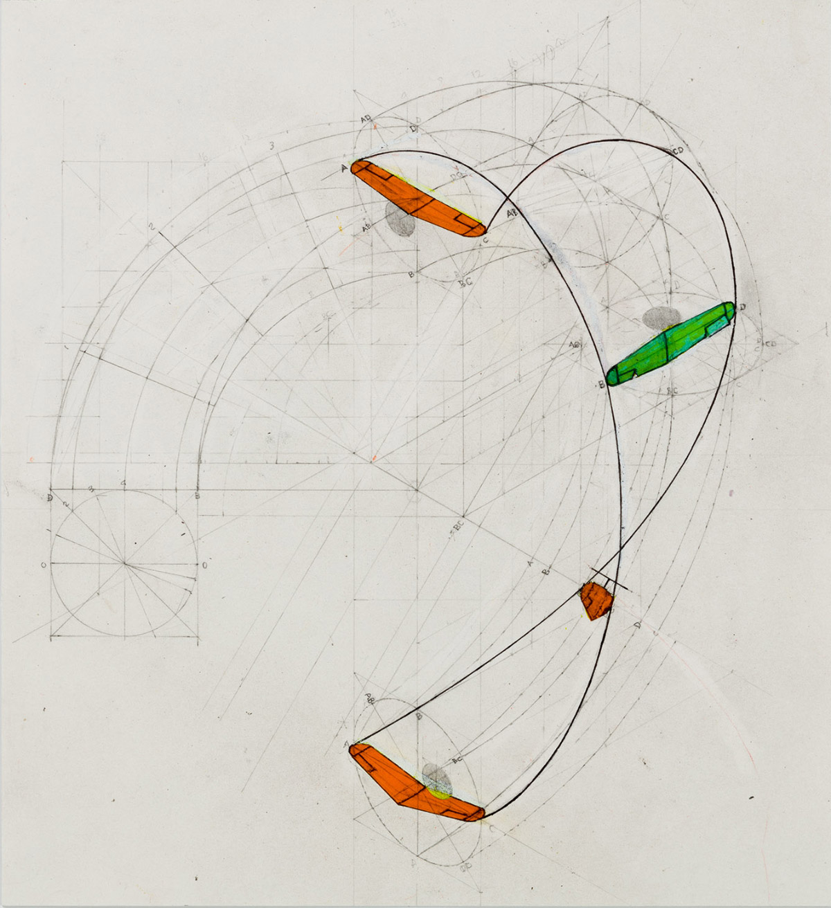 Immelmann转弯（SiN Palace章节），2008。拱形纸上的石墨，28 x 28厘米（11.2 x 11.2英寸）（Michael Webb）