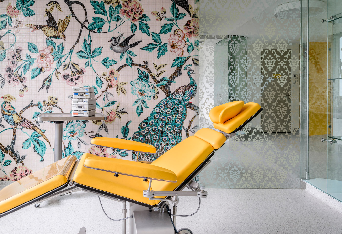 在柏林一个宽敞的牙医办公室的设计中，Karhard Architektur + design设计了一系列大胆的印花墙纸，灵感来自本地物种，填充了各种牙科手术和康复室。