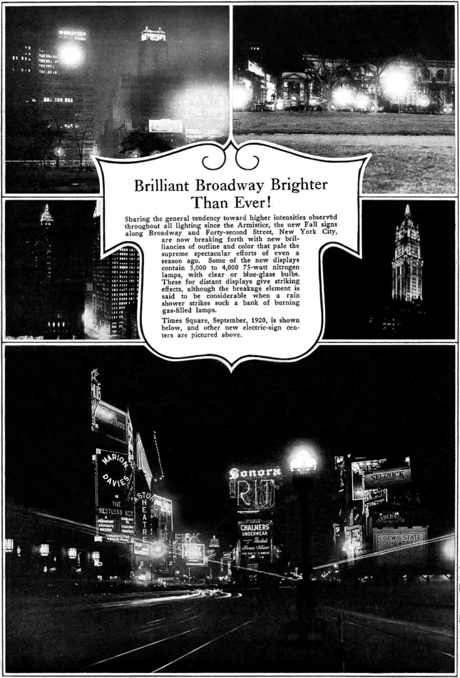 一篇标题为“辉煌的百老汇比以往任何时候都更明亮!”的经典文章，并配以纽约市建筑物被电灯照亮的照片