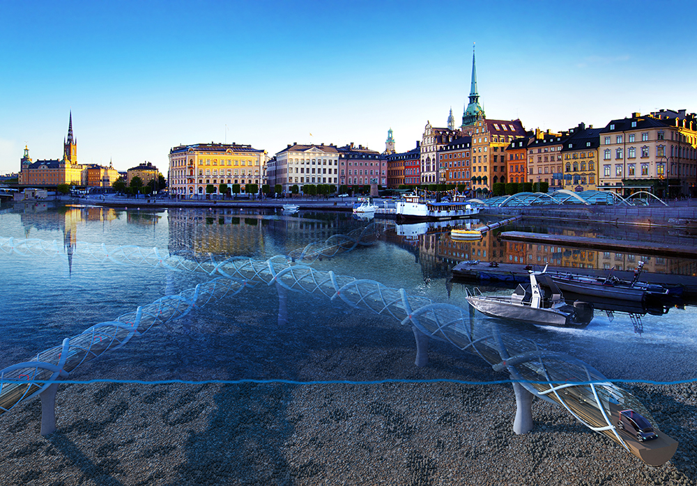 斯德哥尔摩的沿海一侧与渲染的水下隧道自主电动车