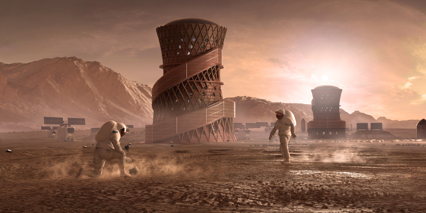 渲染在火星的一个双曲线塔与外面宇航员