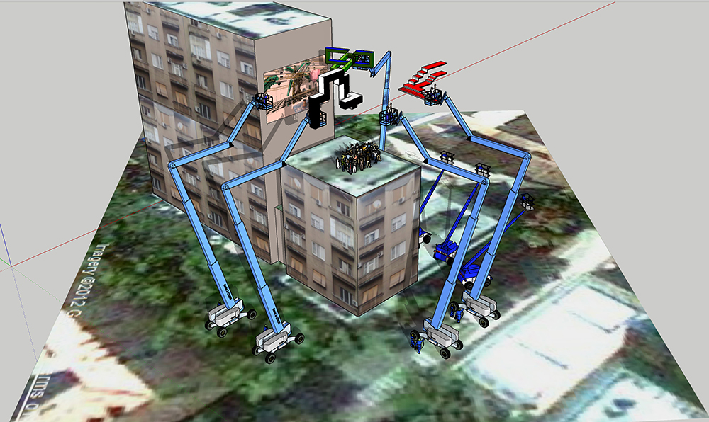 一个3D渲染(在编辑器中查看)，蓝色的起重机移动物体越过一个屋顶，一群人站在上面