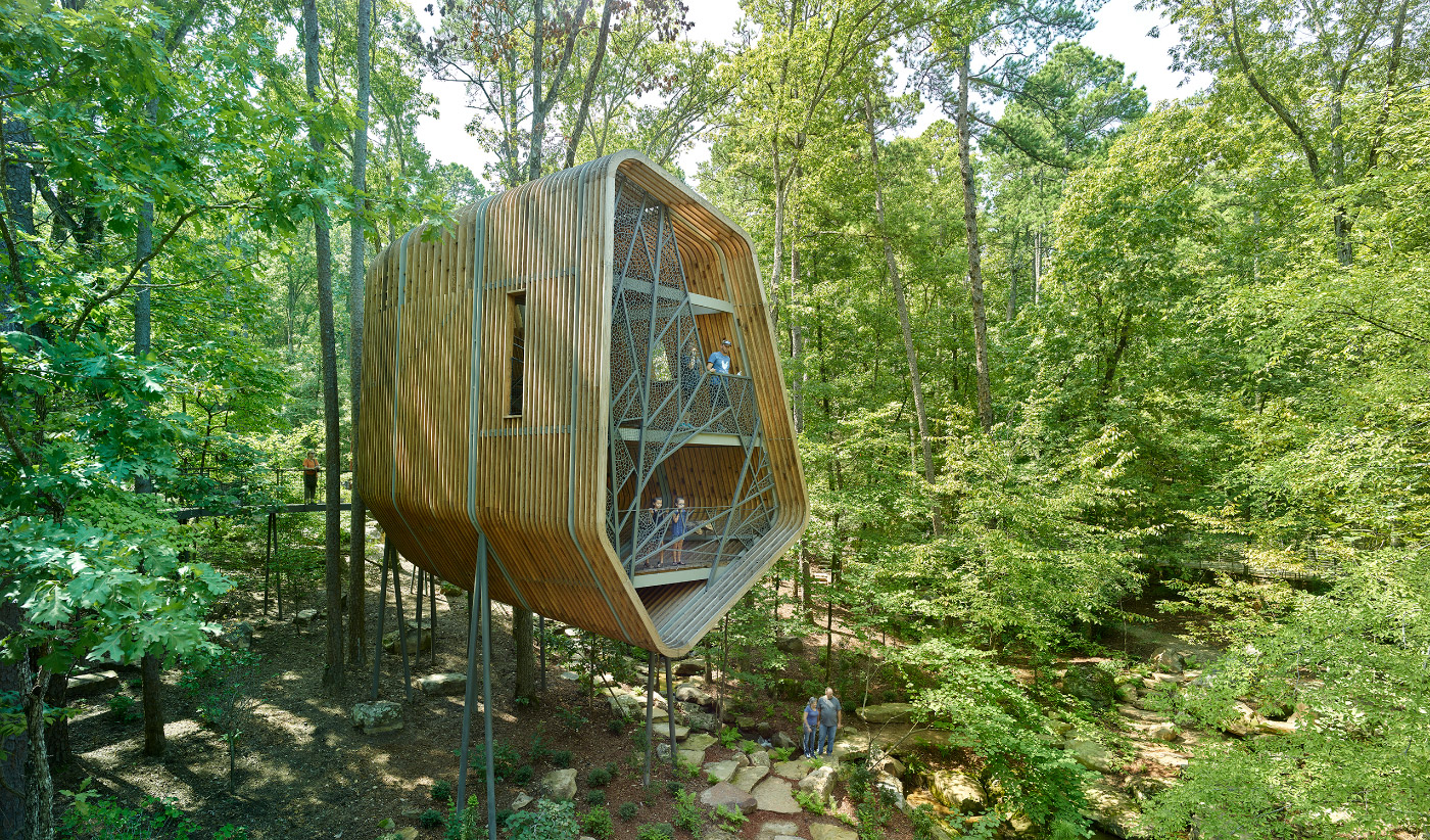 一个两层树房子的照片在一个绿色森林里