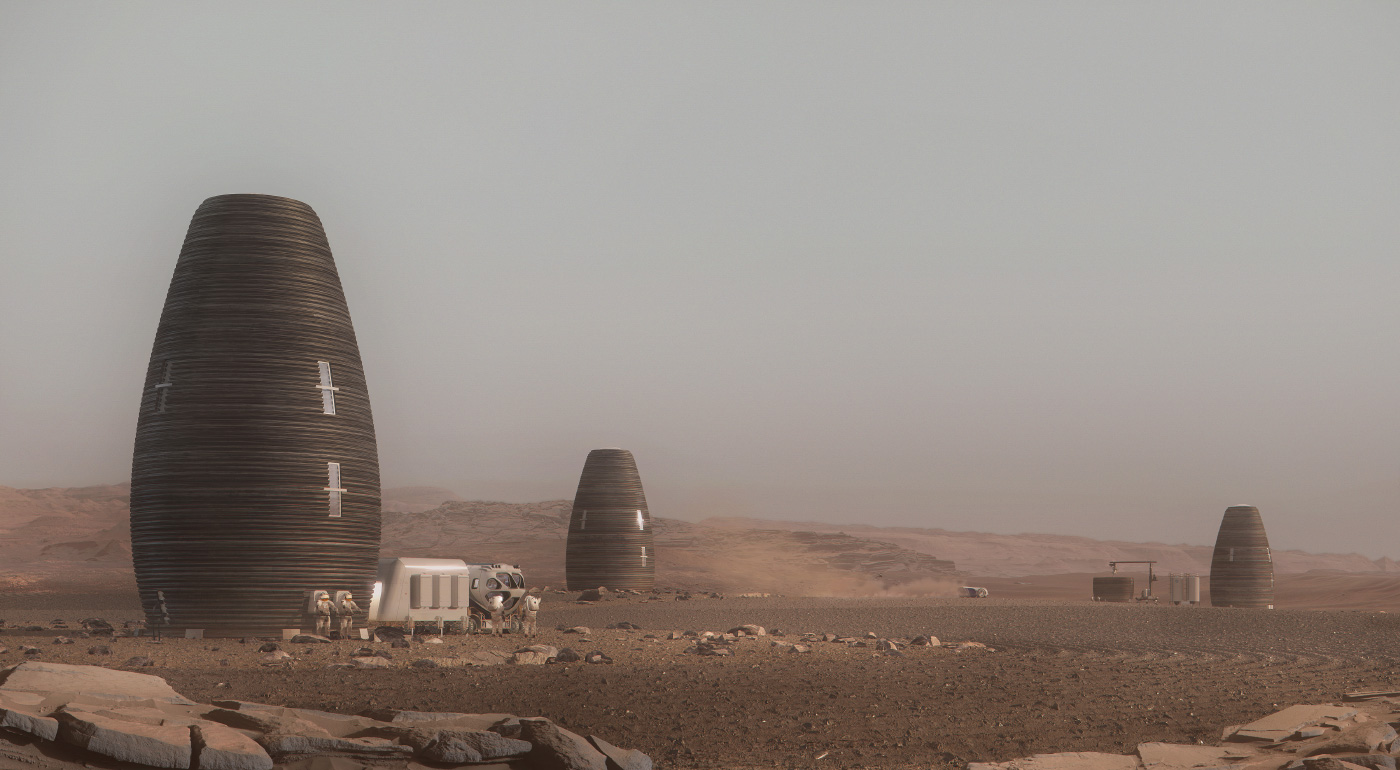 在贫瘠的火星地面渲染蛋形结构殖民地