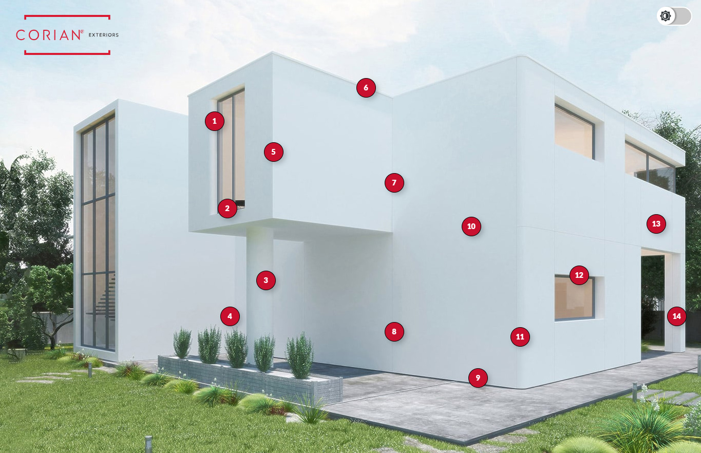 一个现代主义房子的照片有红色编号的小点的叠加在它的表面上