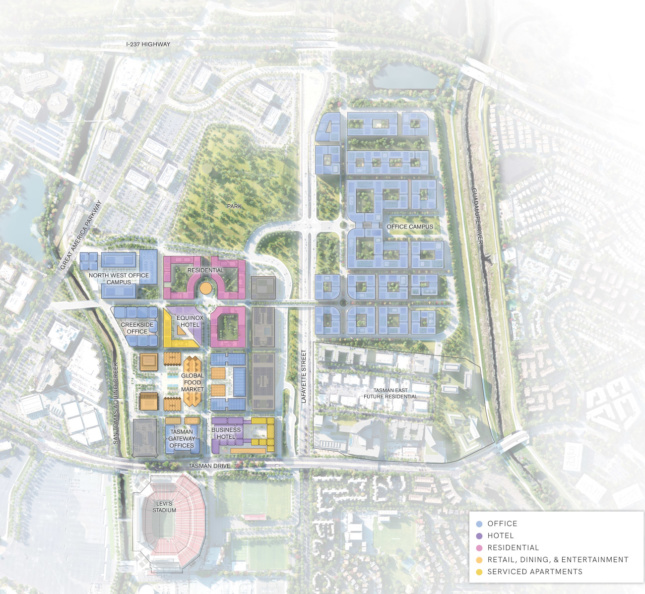 空中基地平面图，将住宅和办公项目放置在西面，并为拉法叶街以东的多栋企业园区提供空间