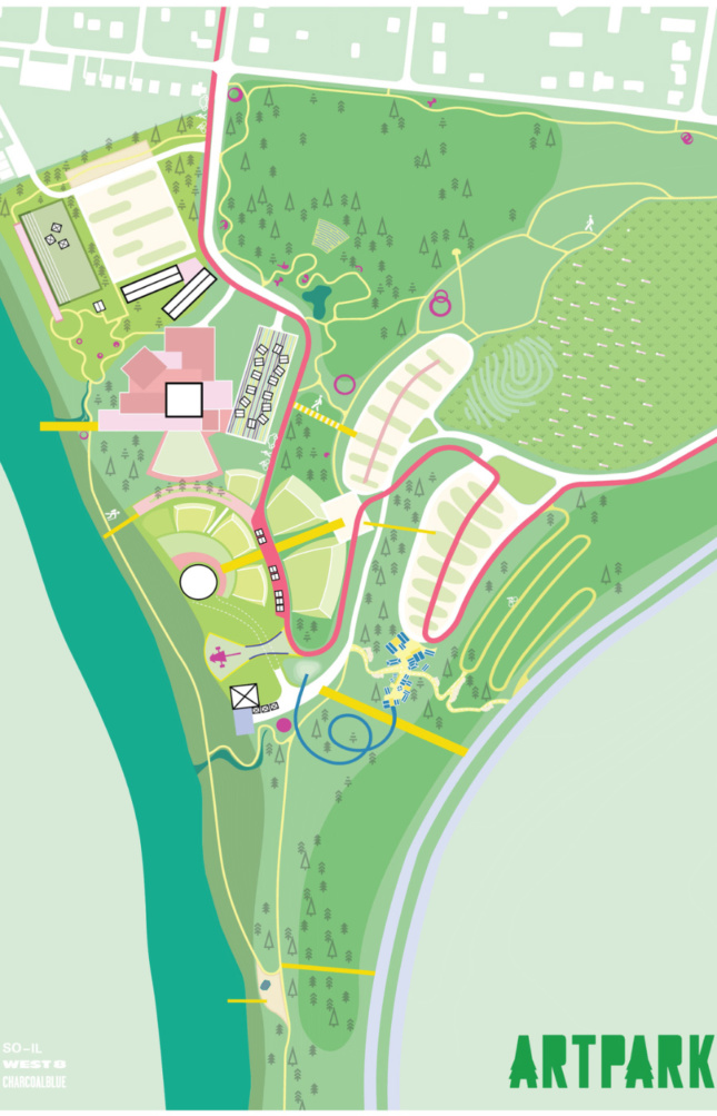 一幅长长的公园地图，显示了一些小径和循环路径