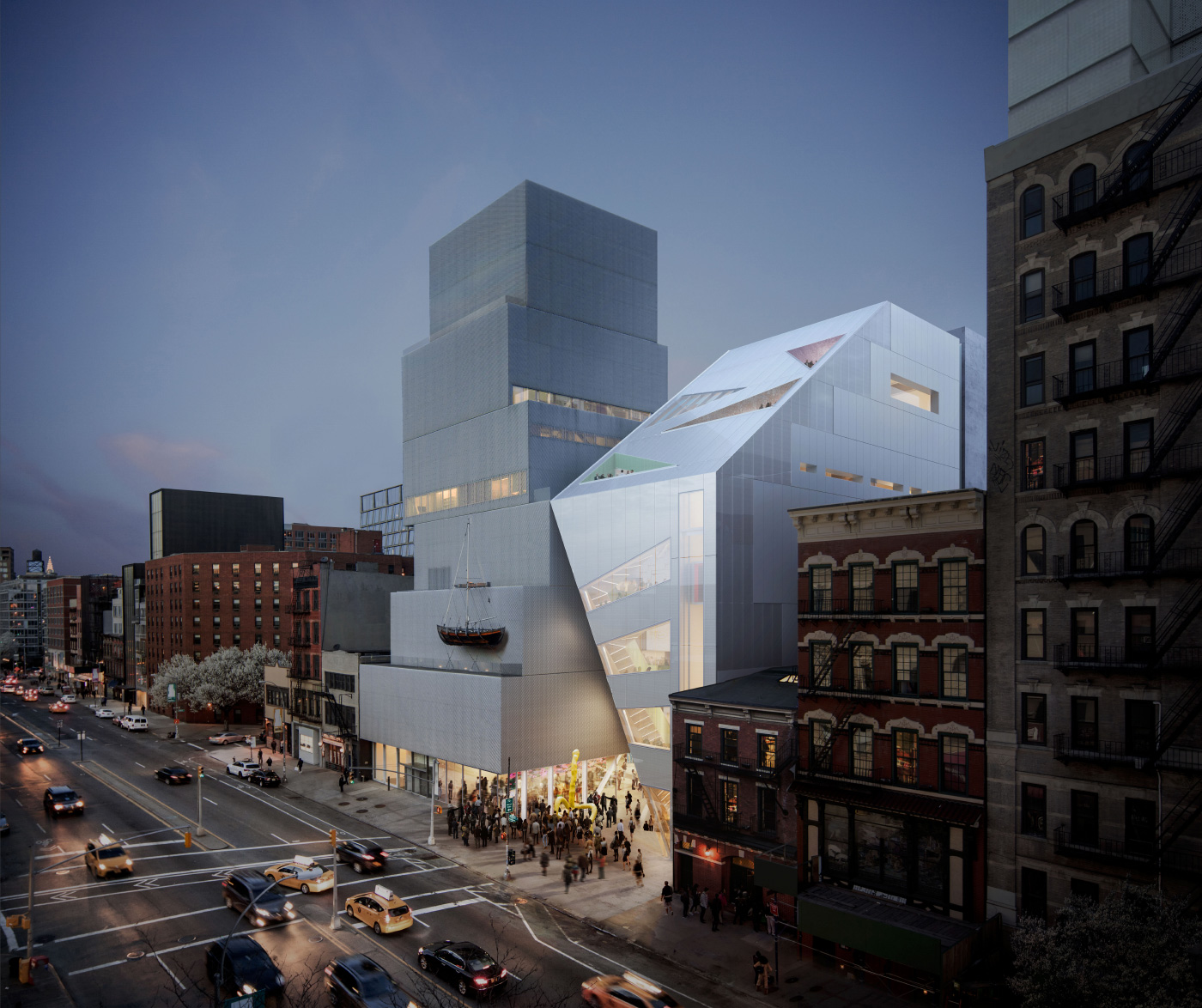 一个三角形、光滑的建筑的效果图，靠在新博物馆上