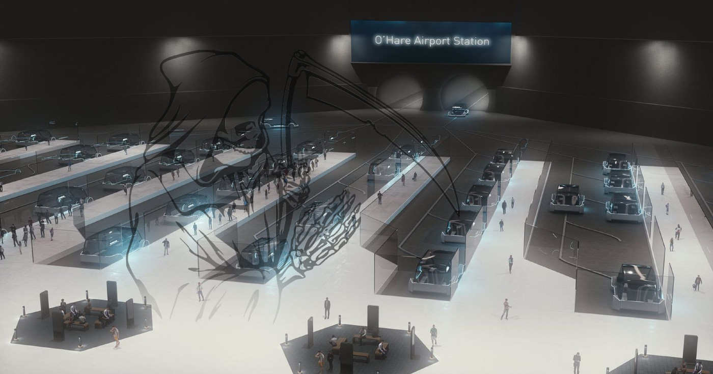 渲染火车站与严峻的收割机叠加在顶部，一个hyperloop站