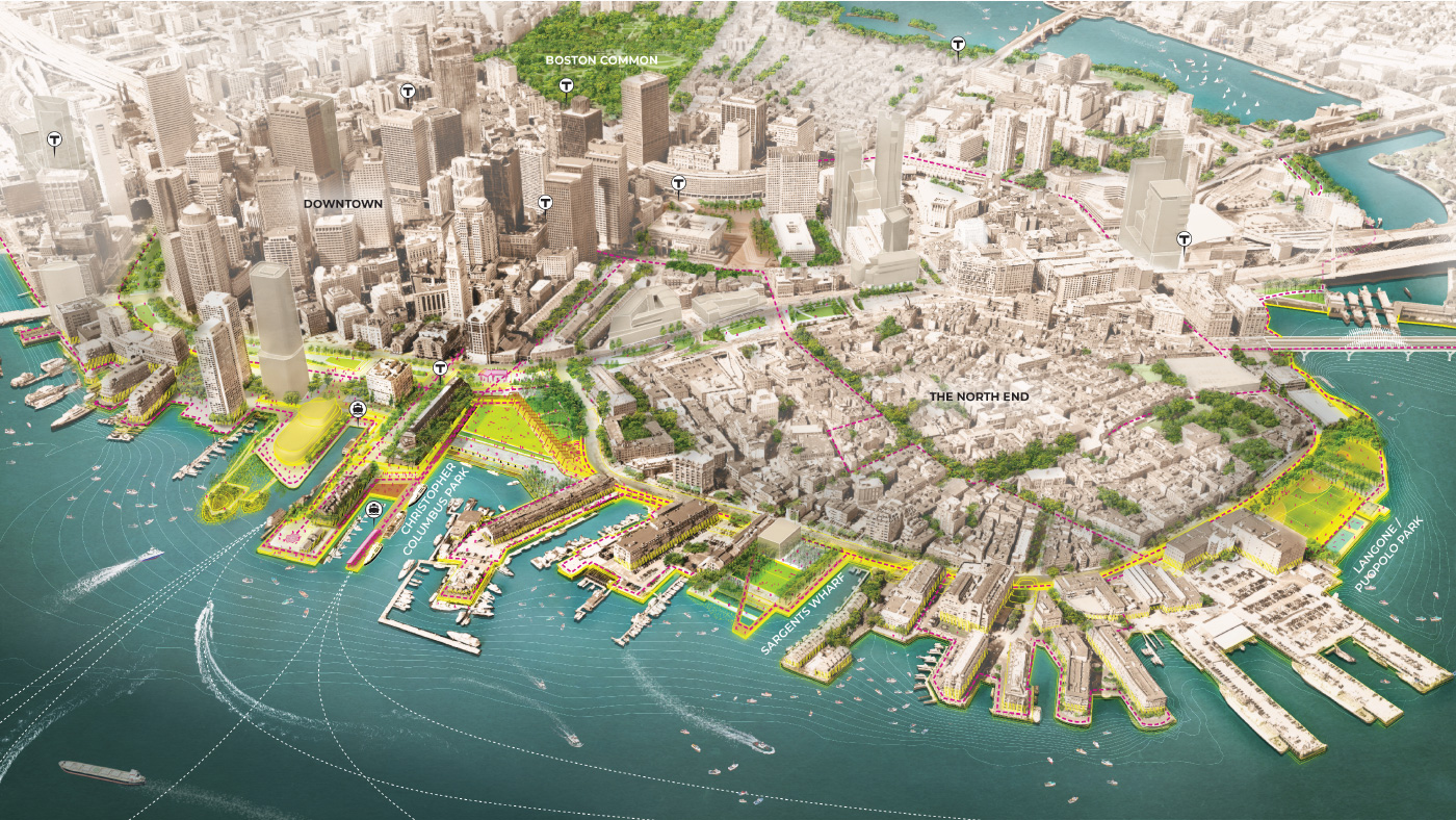 建议拥有多个海岸线延伸的波士顿港图