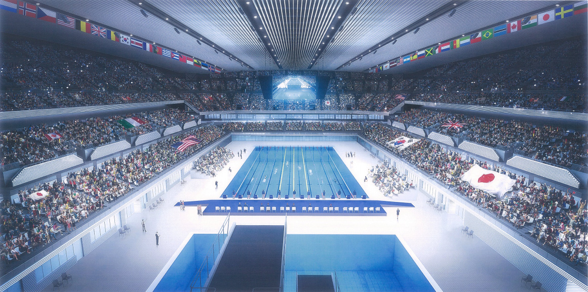 带有跳水池和游泳池的游泳综合体室内效果图，为2020年东京夏季奥运会做准备