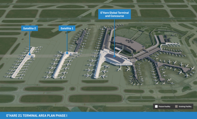 奥黑尔国际机场的效图，两个相邻的线性结构和“第一阶段”的标题