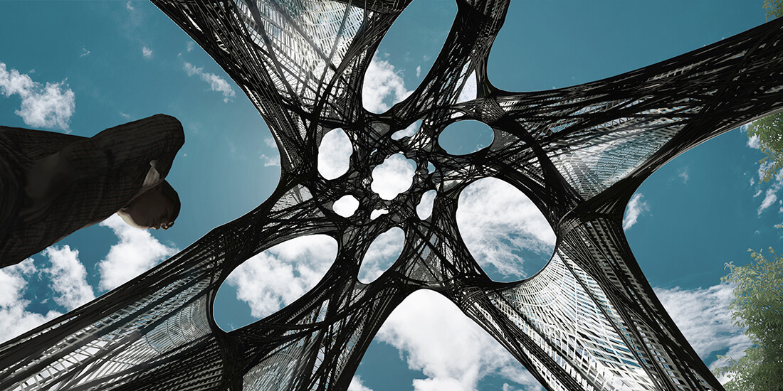 在哥伦布展览会上展示的一个向上的连锁，生物形态的纤维结构