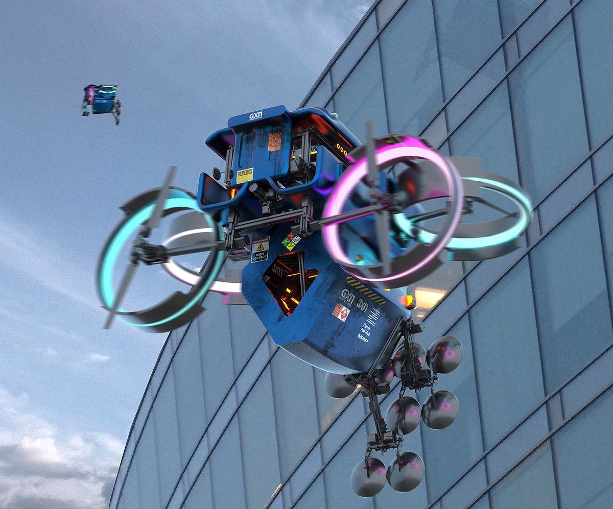 一架用于3D打印的蓝色无人机，带有粉红色和蓝色发光的叶片，漂浮在一座玻璃建筑前。