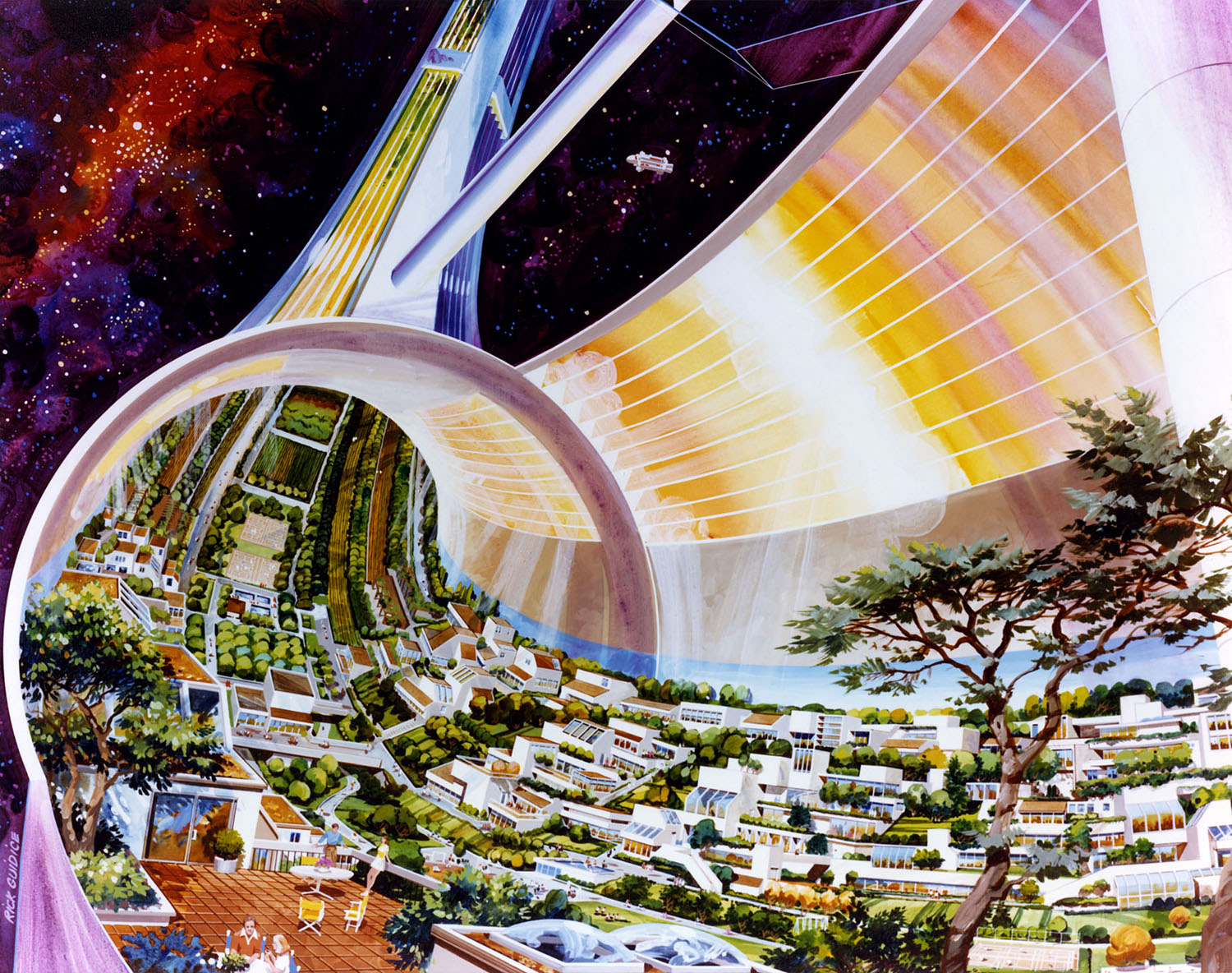 这幅画描绘了一个环形的太空殖民地，是《遥远的：外层空间的套装、HAB和实验室》展览的一部分