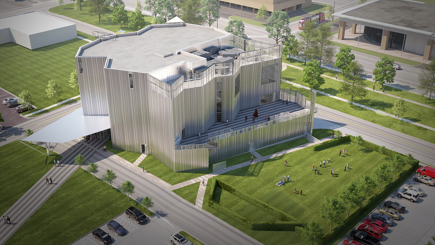 新俄克拉何马州当代艺术中心(Oklahoma Contemporary Center for the Arts)，由金属板覆盖的崎岖建筑效果图