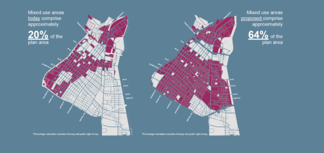 两张紫色的地图显示了洛杉矶将会出现更多的混合用途开发