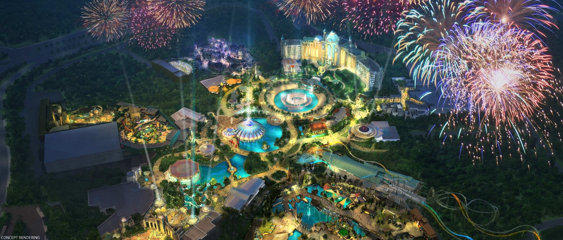 主题公园鸟瞰图，泳池和烟花在宇宙的史诗宇宙公园上空爆炸