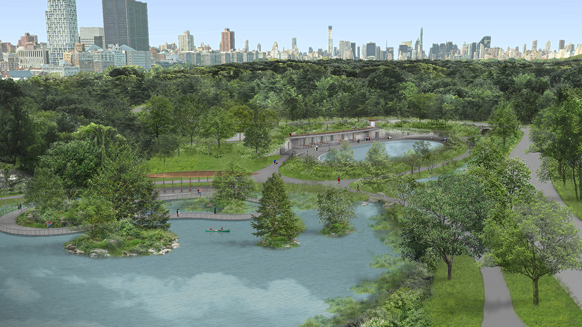 中央公园大型池塘景观的空中渲染图