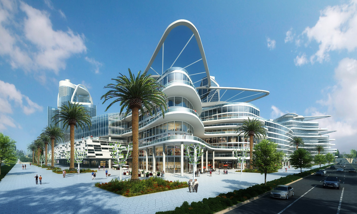 一组被棕榈树环绕的曲线玻璃和混凝土建筑的效果图;Bleutech公园