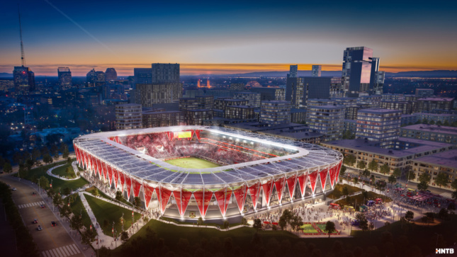 方形的足球体育场空中渲染有红色倒立的三角的行动作为支撑的太阳能冠层下面