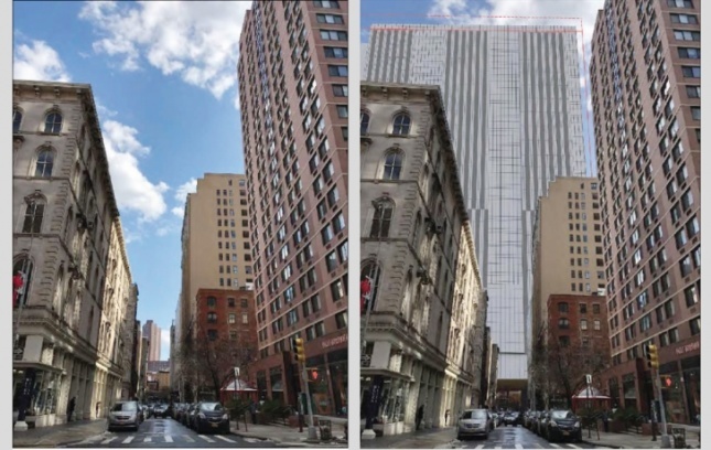 并排对比纽约街道与第二幅高楼覆盖城市街区的图像