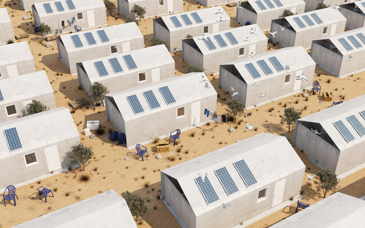 一排灰色难民住宅的渲染，顶部是太阳能电池板。