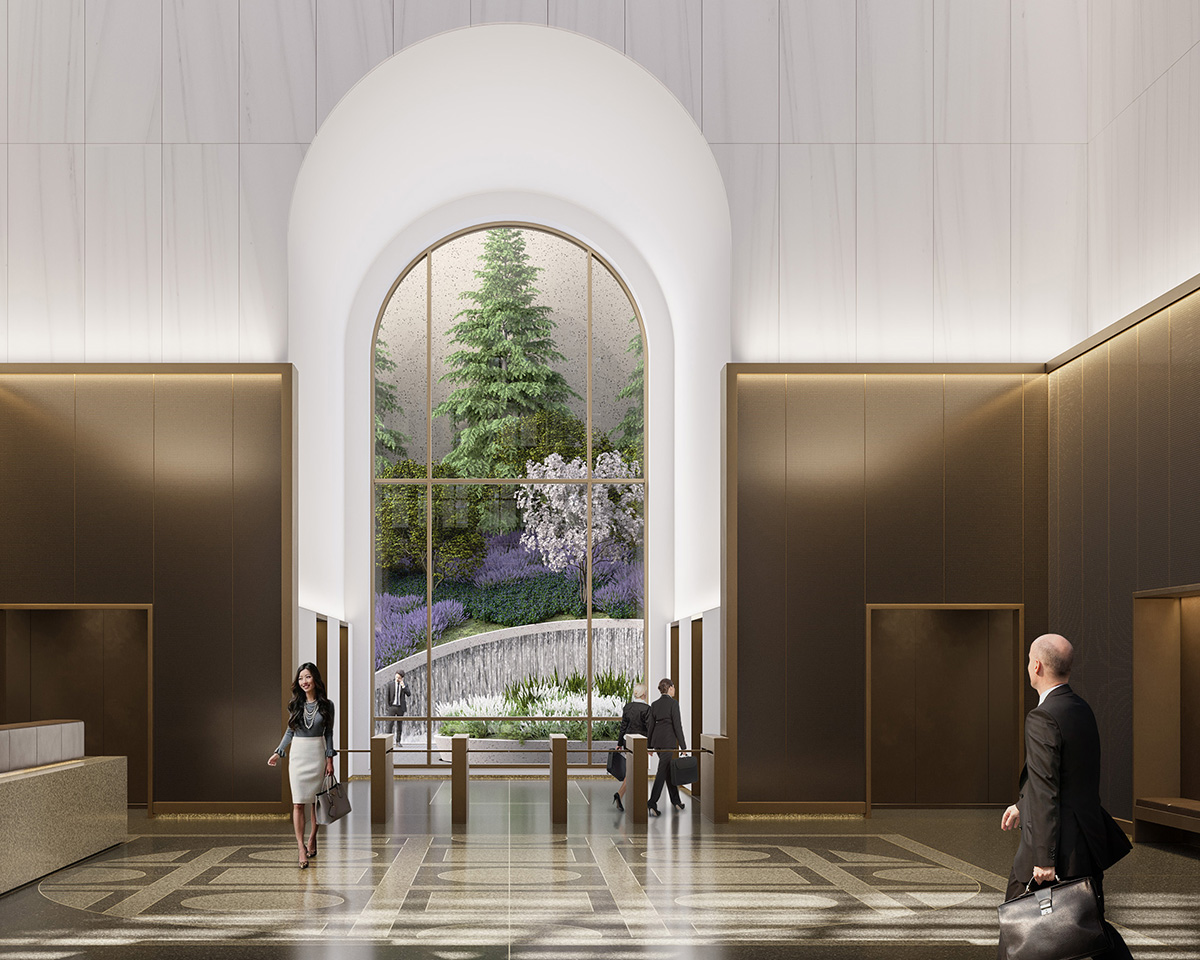 大厅铺着几何花岗岩地砖，低矮的黄铜墙壁上方是白色大理石。通过拱门上的一面镜子可以看到AT&T大楼里的一座花园