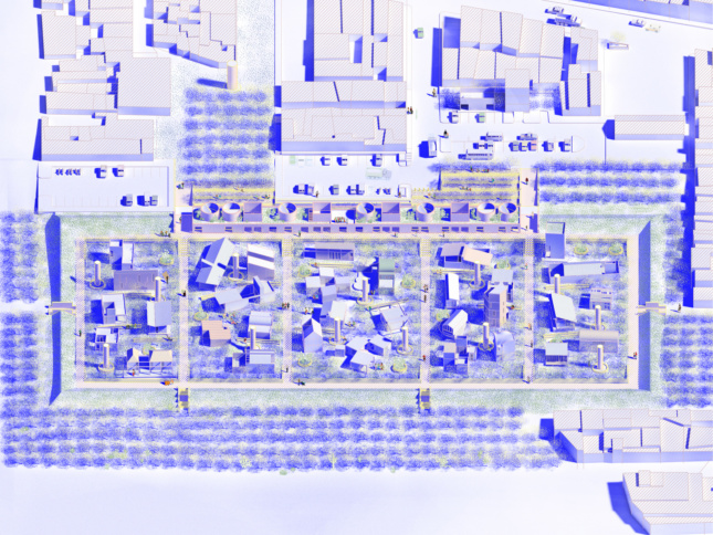 蓝色和白色的渲染显示32种不同的住房类型