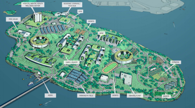 一幅地图显示，纽约市的赖克斯岛(Rikers Island)是岛上现有监狱系统的替代方案。