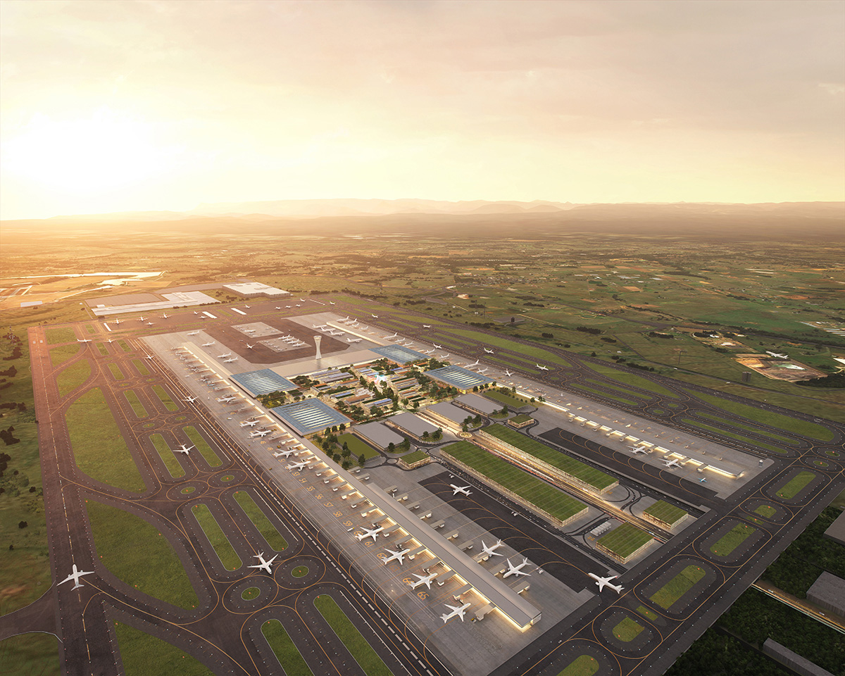 悉尼西部的绿菲尔德机场的空中渲染，Zha Led Architects的一个项目之一宣布