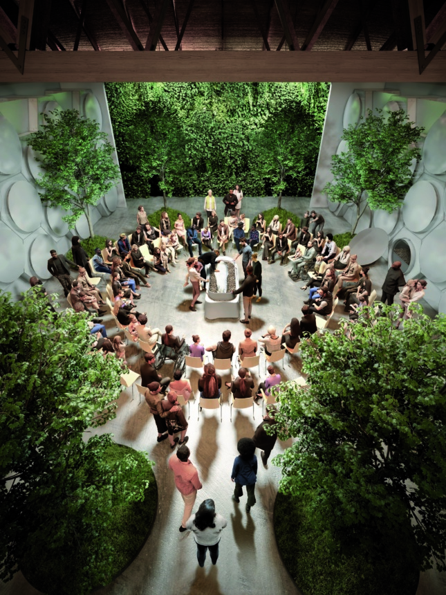 一大群人聚集在一个圆形的一个圆形的中央房间，被绿树和活墙包围。