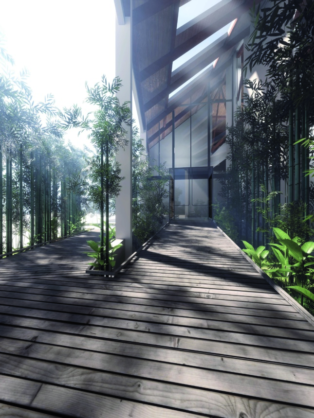 渲染显示进入建筑物的入口，用绿叶包围的木坡道。通过玻璃墙，您可以在建筑物内看到，带天窗，让阳光闪耀到空间。