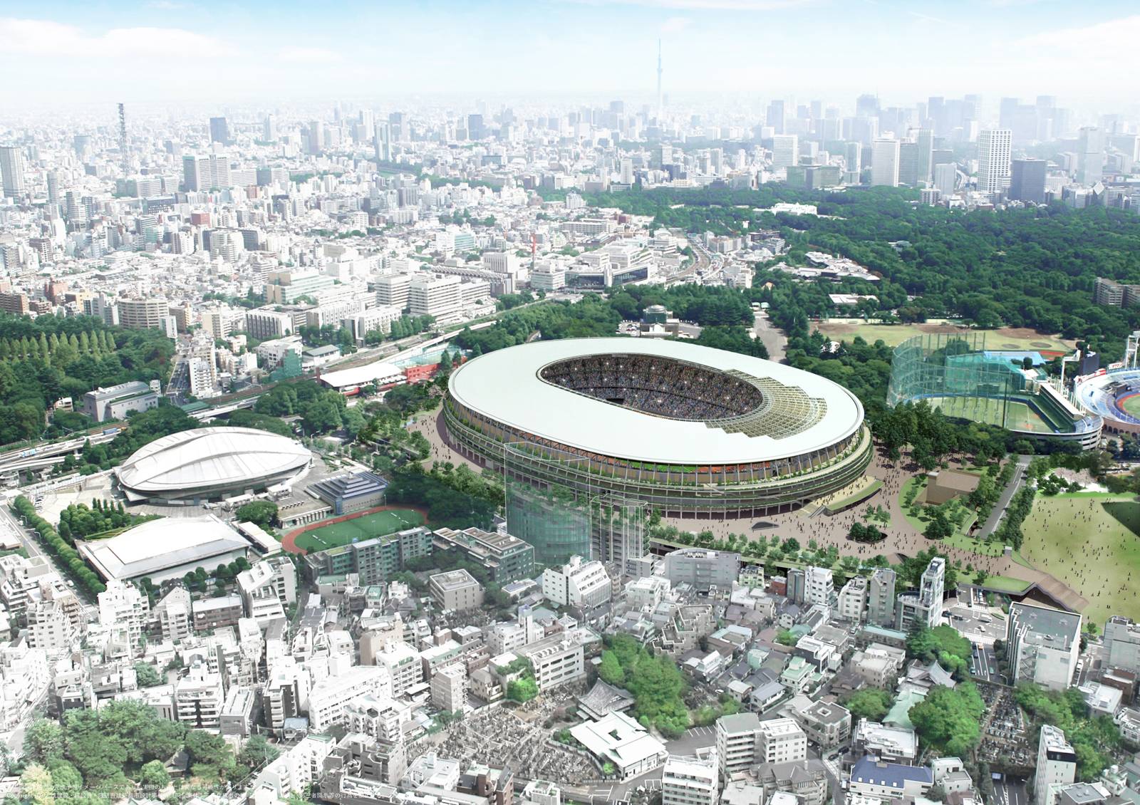 国家体育场的空中渲染在东京，被低层建筑所包围