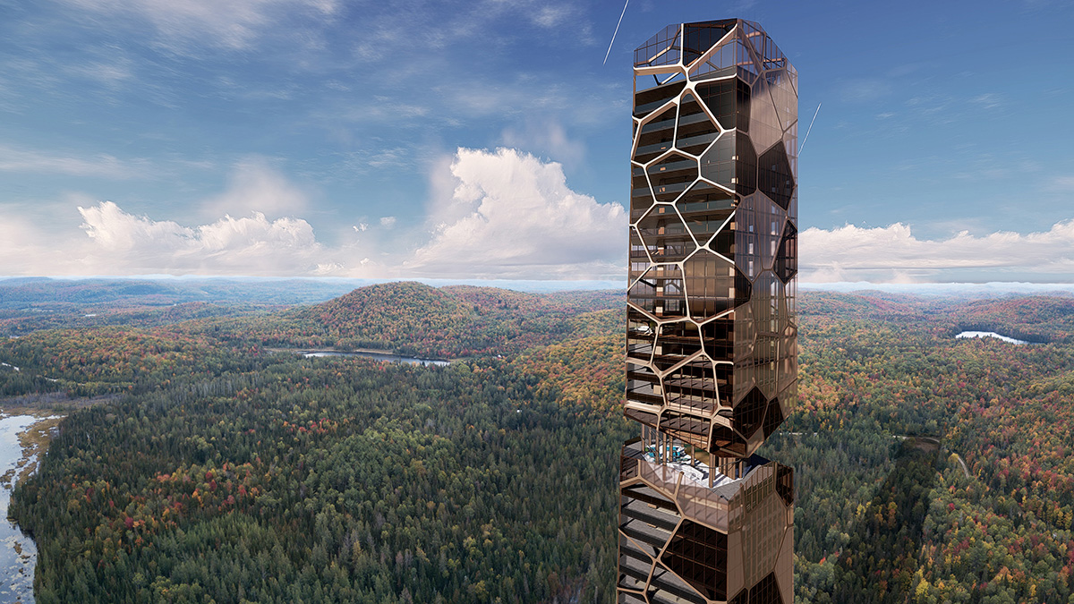 muarchitecture在森林中绘制的土色豪华塔的空中渲染图
