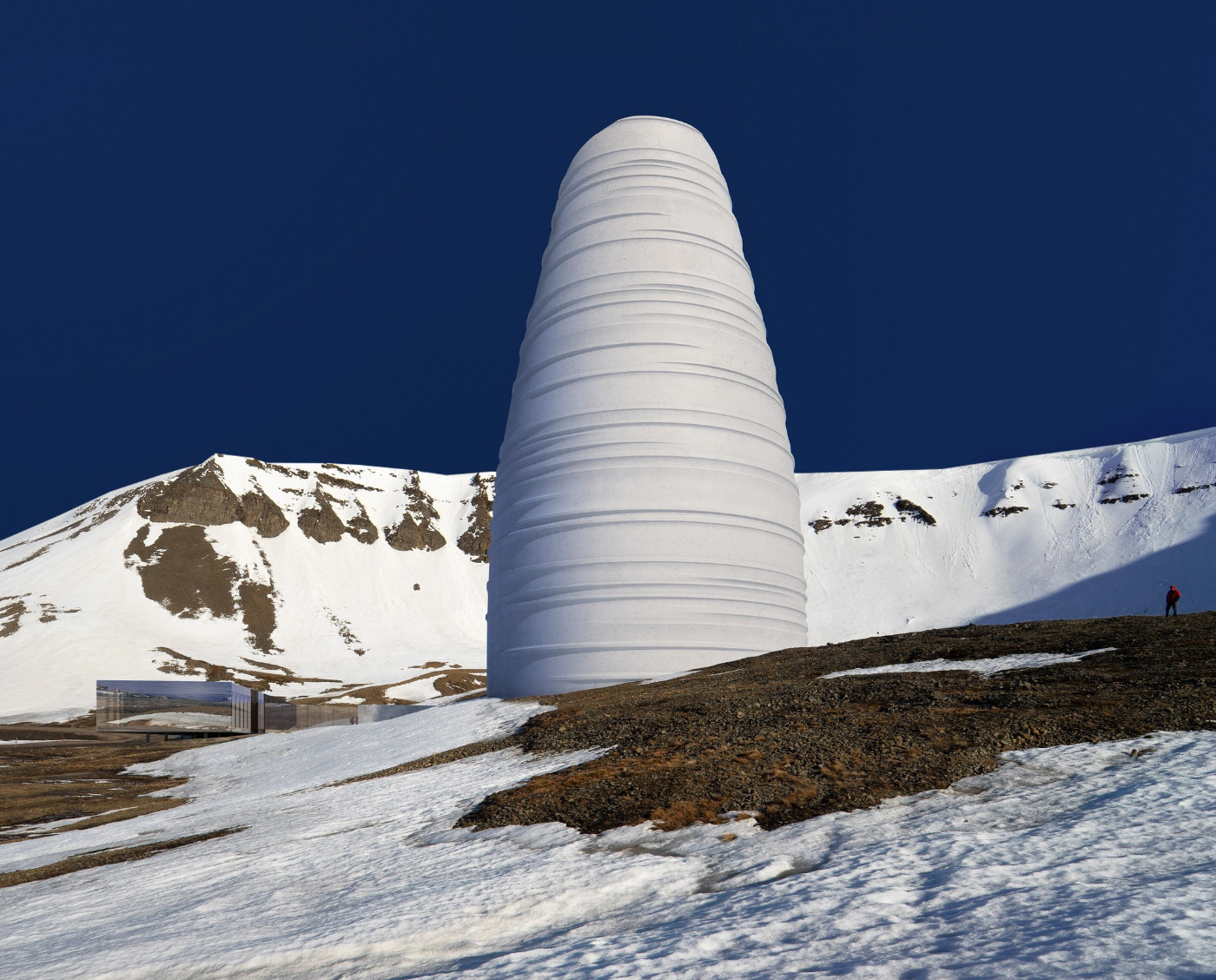 在斯瓦尔巴全球种子库中，一座白塔在雪地里的渲染图