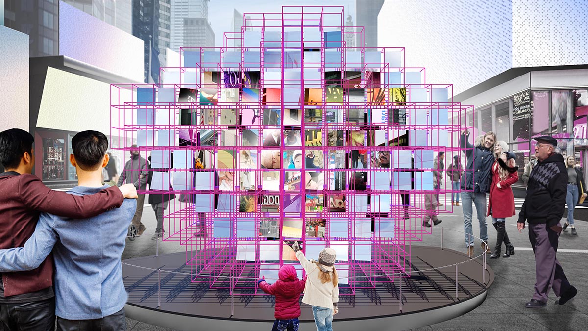 两个孩子站在一个粉红色的镜框前，镜框上有各种各样的正方形镜子，反射着时代广场的图像