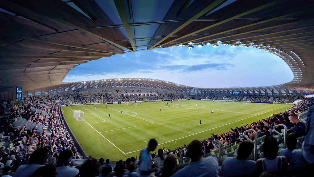 由zha设计的全木材建造的足球场的渲染