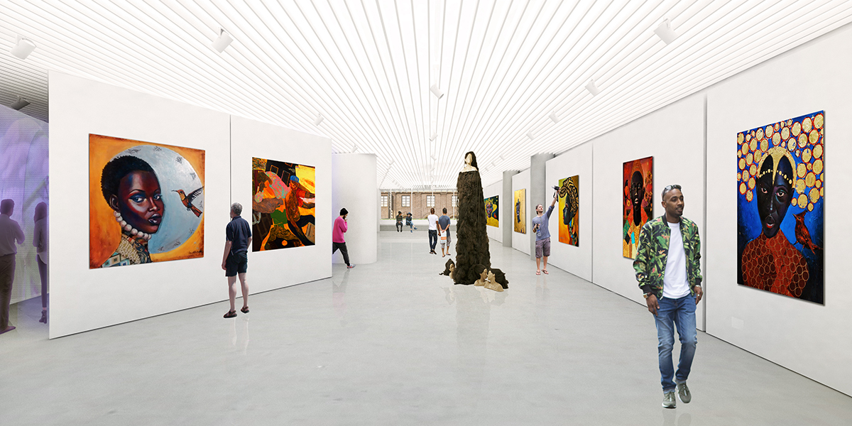 在新的L10艺术和文化中心渲染白墙画廊空间