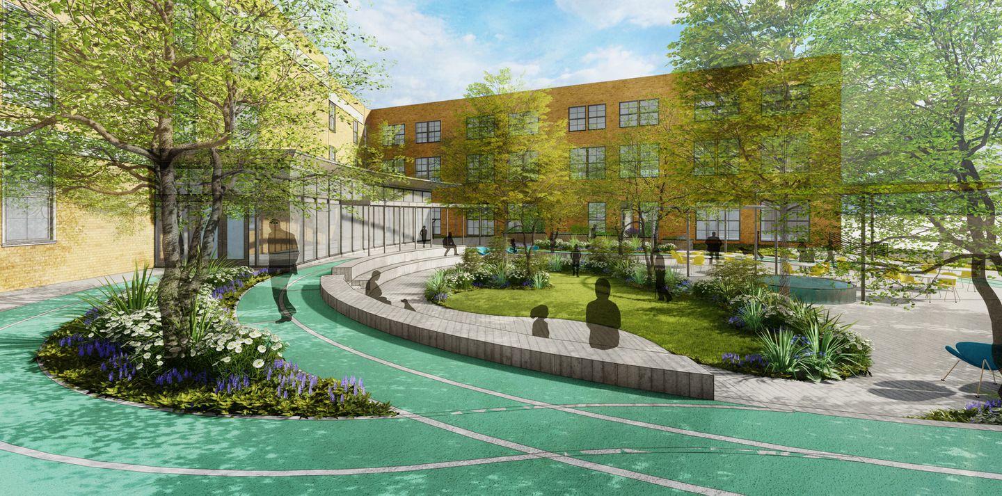 公共住房项目的效果图，带有大型内庭院和绿色空间