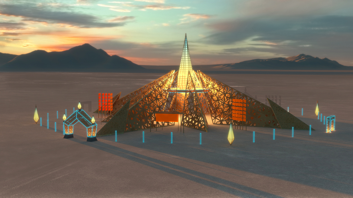 沙漠中的一座尖寺庙的渲染图，木制的天篷上有圆角的图案。