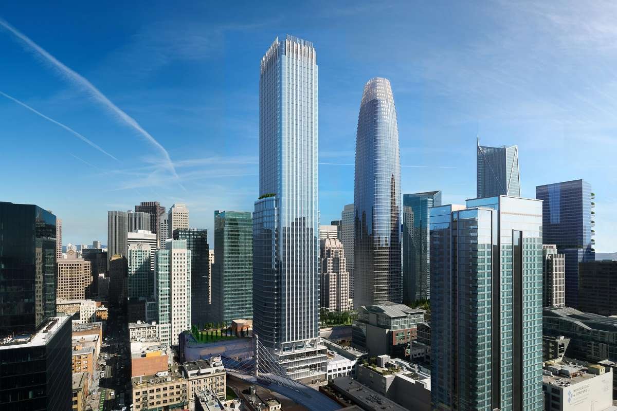 旧金山天际线上一座四四方方的塔楼的效果图