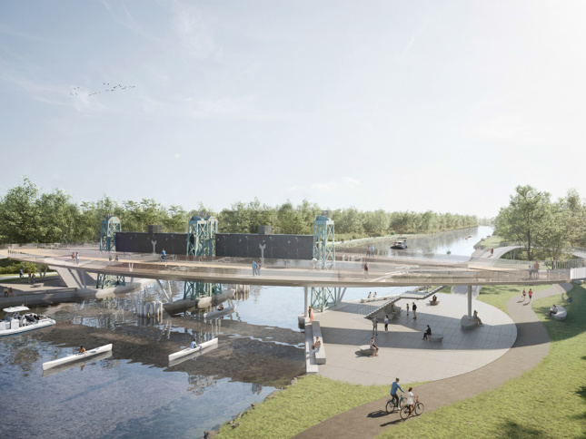 横跨运河的自行车和步行桥的空中渲染