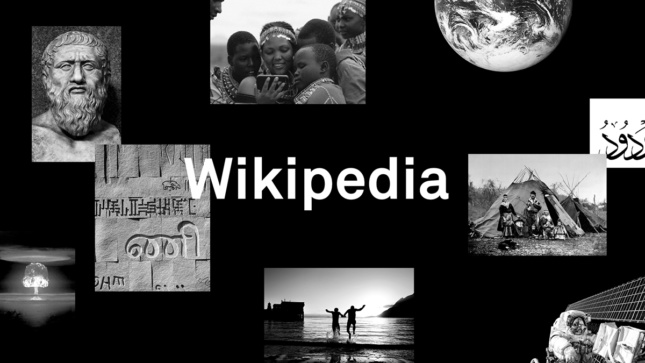 与各种各样的历史或重要的浮动图象的黑背景与“wikipedia”在白色sans-serif文本在中心。
