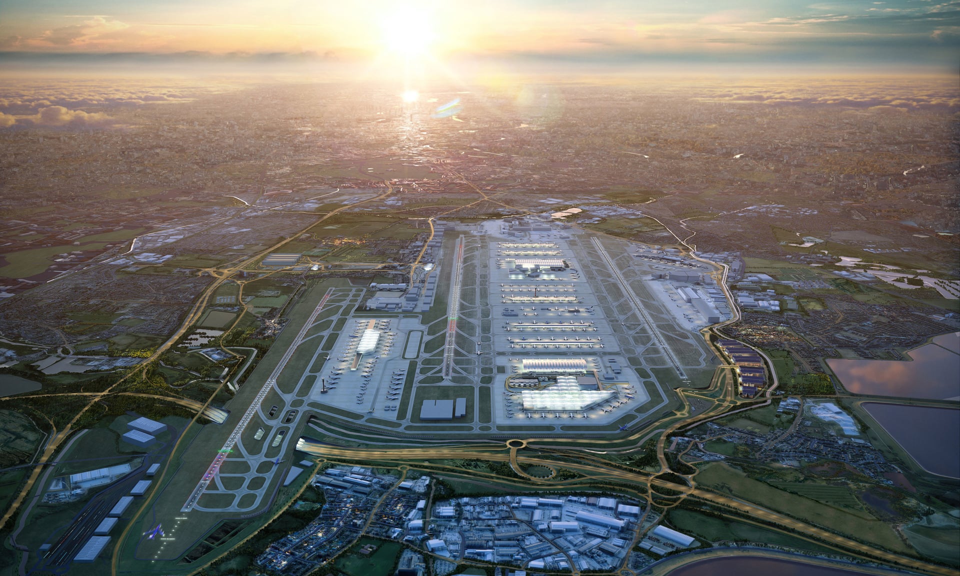 一个计划中的机场项目的说明，显示扩大的车道