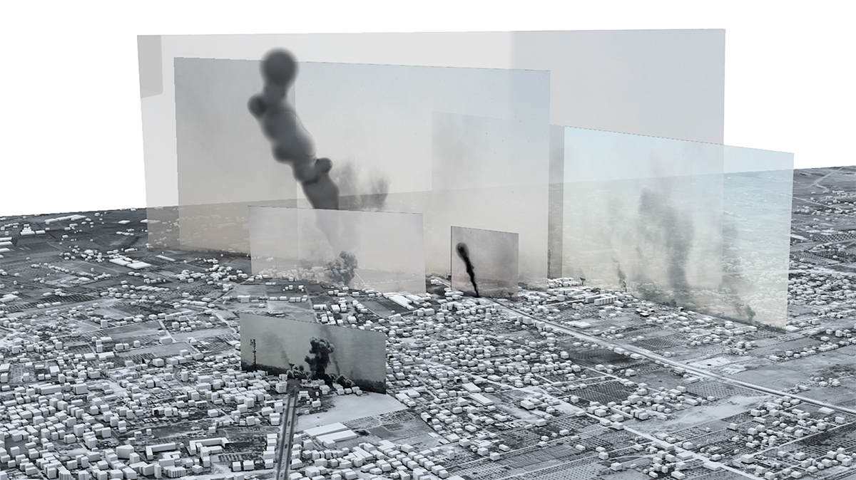 加沙的一张都市风景与显示烟的照片从上面漂浮的炸弹。