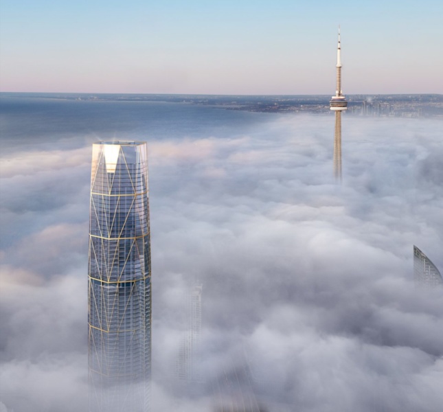 摩天大楼在云彩上的渲染在多伦多，对面从cn塔